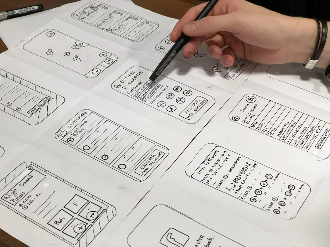A concentrated designer is working on a user-focused project in a contemporary office setting.